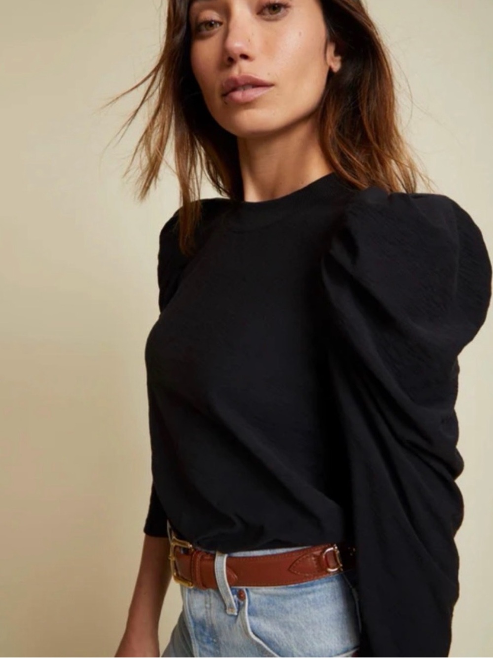 Nation LTD | Zeta Pima Cotton Puff Sleeve Long Sleeve Top in Black